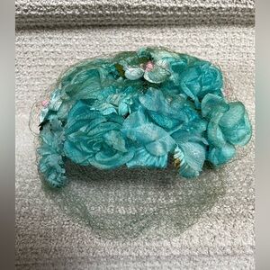 Vintage 1950s Teal Floral Half Hat with Green Veil Cocktail Fascinator